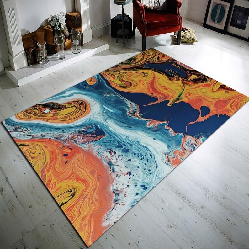 Levende Abstrakt Fluid Art Områdetæppe Moderne Oliebillede Hvirvelprint Tæppe Skridsikkert Vaskbart Gulvmåtte til Stue Soveværelse