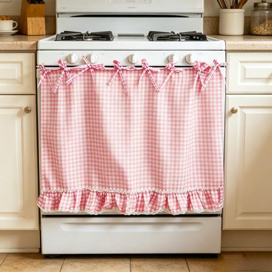 Oven Curtain, with Tie-Down Straps, Vintage Style, Easy Fastening Farmhouse Oven Door Ruffled Stove Skirt Curtain for Kitchen