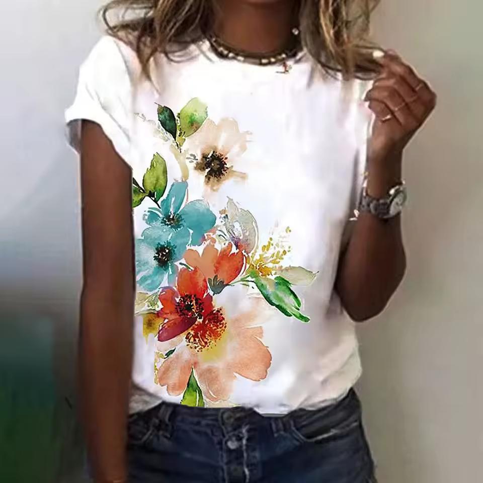 Women's Floral Themed 3d T-Shirts Floral Botanical T-Shirts Oversized Basic Short Sleeve Tops Fashionable Summer Clothes for Women
