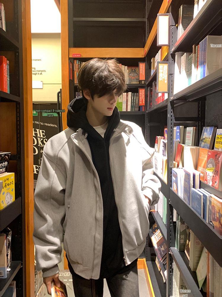 Men s Charcoal Gray Wool Blend Cotton Jacket - Short Stand Collar Baseball Style for SpringAutumn XL 130-145 lbs 8133₽