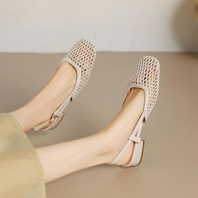 Fashion Women's new spring/summer square toe hollowed out mesh with metal elastic buckle, mid heel, oversized toe closure,M ü ller sands