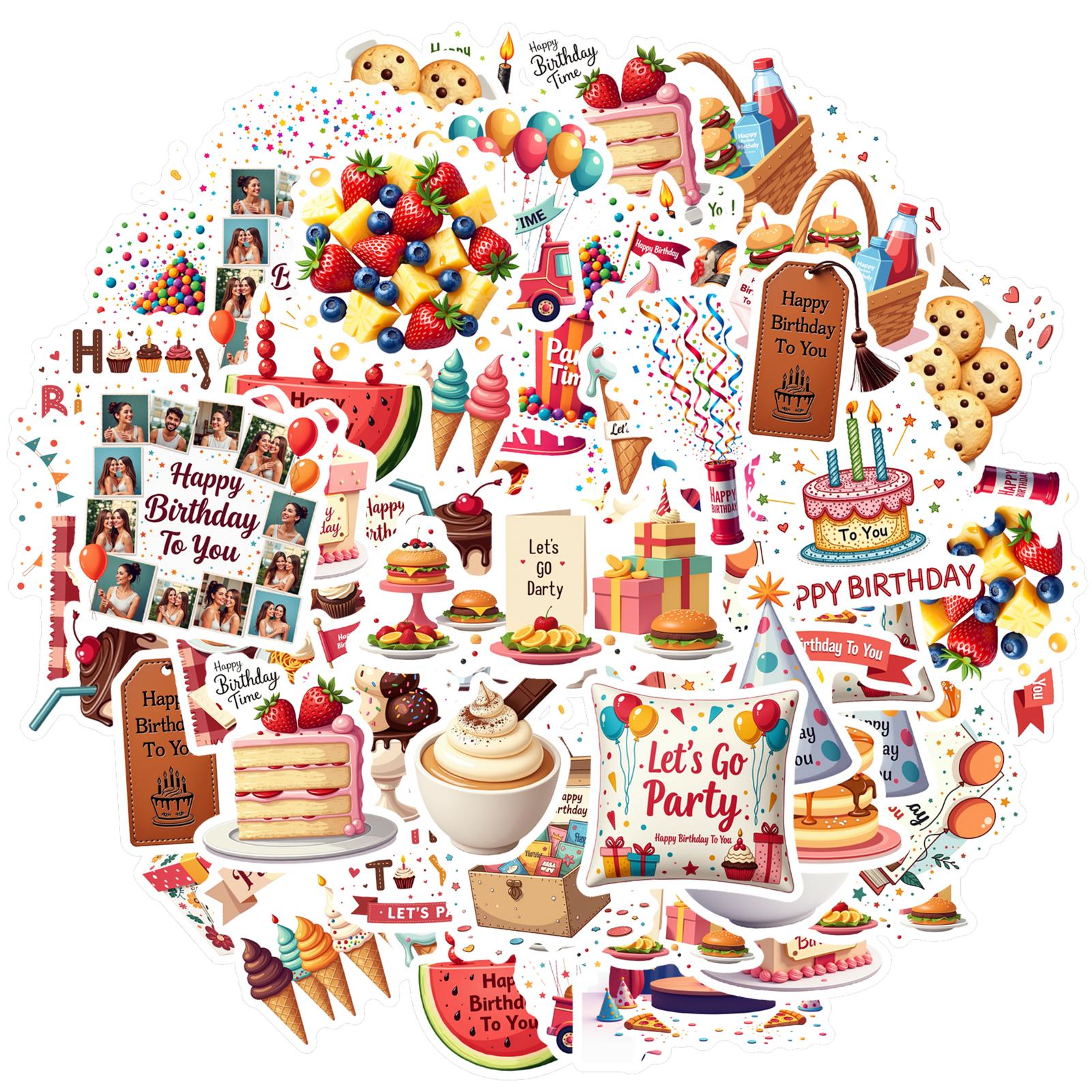 

35pcs-100pcs Colorful Birthday Celebration Stickers Cartoon Food And Drink Birthday Stickers Sticker Pack For DIY Phone Guitar