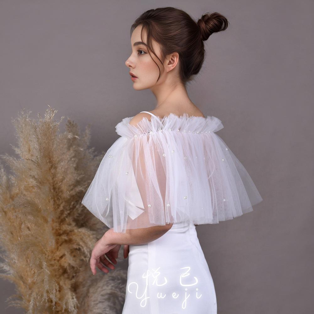 Pearl Tulle Off Shoulder Shrug Detachable Mesh Cape Wedding Dress Cover Up Bridal Photo Shoot Evening Party See-through Shoulder Wrap