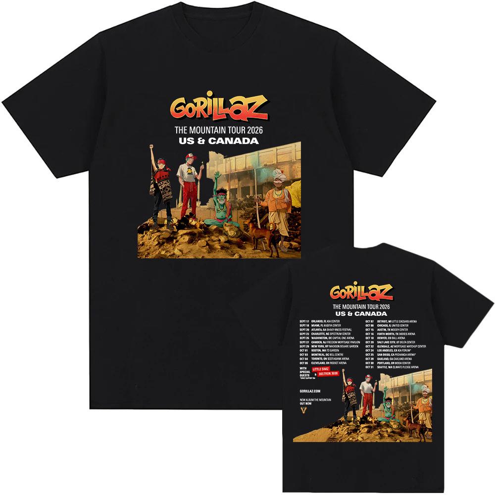 

GORILLAZs The Mountain Tour 2026 T-shirt Summer Short Sleeve O-neck Unisex Tshirts Rock Band Graphic Print T Shirt XXL чорний