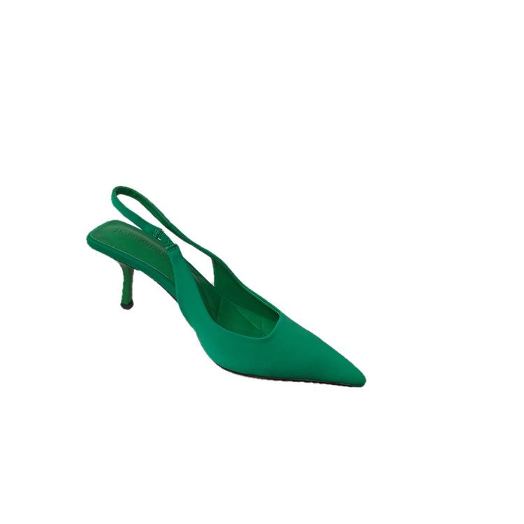 2025 Spring New Pointed Thin Heel Middle Heel Single Shoes Empty Bag Head Sandals High Heels Green Women's Shoes