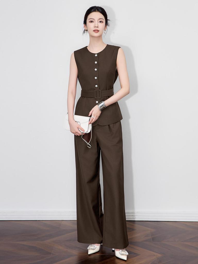 Elegant Silver Buckle Vest & Commuter Wide-Leg Pants Set for Women - Autumn Collection