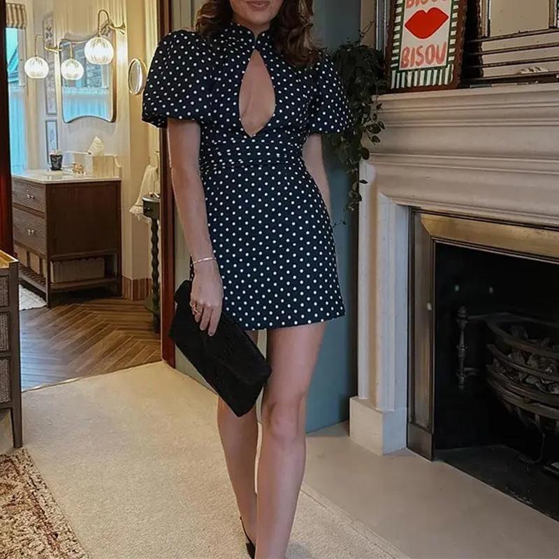 Eleganti Vestiti Corti a Pois da Donna Maniche a Sbuffo Traforati Pacchetto Fianchi Vestito Aderente Estate Donna Festa Sera Vestiti