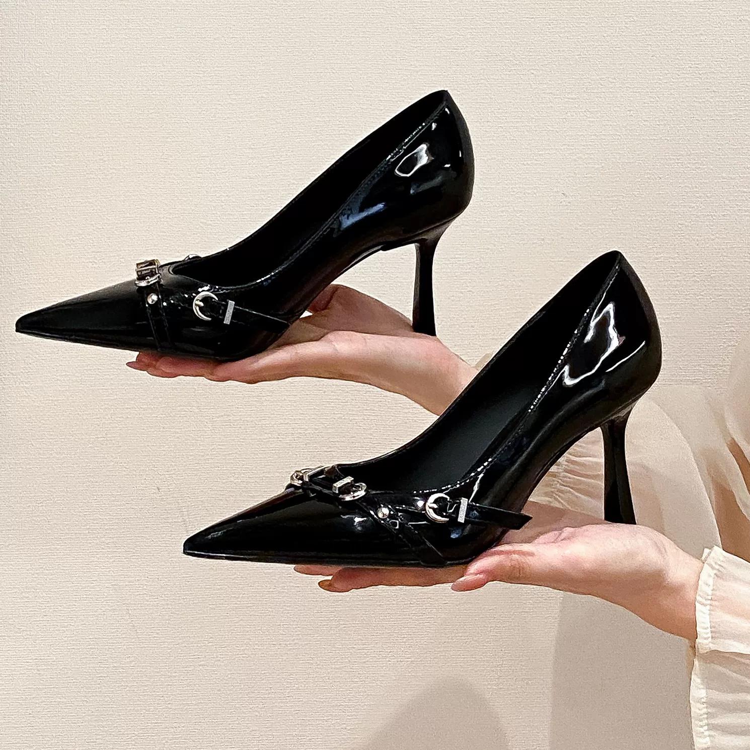 

Metal buckle patent leather black high heels women s thin heels 2026 new sexy pointed single shoes women s versatile work shoes women 40