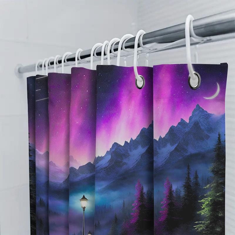 Colorful Mountain Landscape Shower Curtain 3D Printed Bath Decor With Lamp Post Print For Home Decoration.