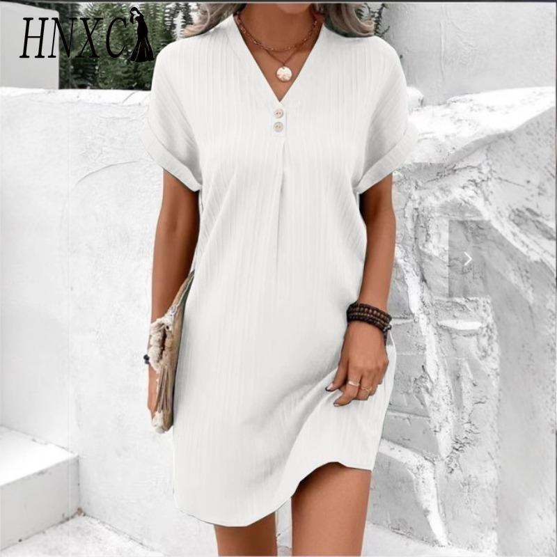 HNXC Abiti casual a vita alta con scollo a V a maniche corte con stampa tinta unita primavera estate moda donna