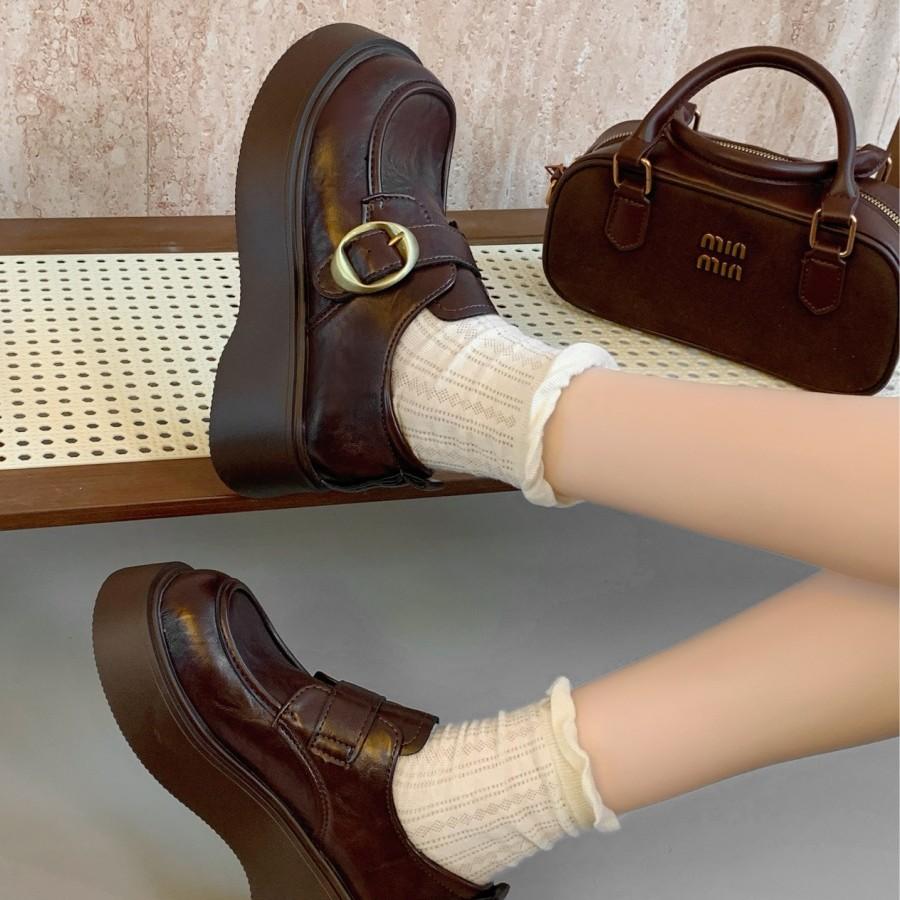 Thick-soled small leather shoes women's 2025 spring new retro lazy soft-soled muffin black jk shoes one-pedal loafers