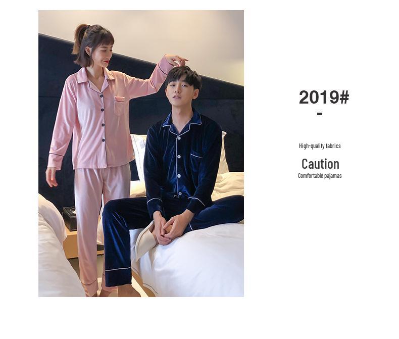 Couple's Gold Velvet Pajamas: Thin Fleece Two-Piece Set for Women & Men - Long Sleeve, Solid Color, Perfect for Spring & Autumn Homewear