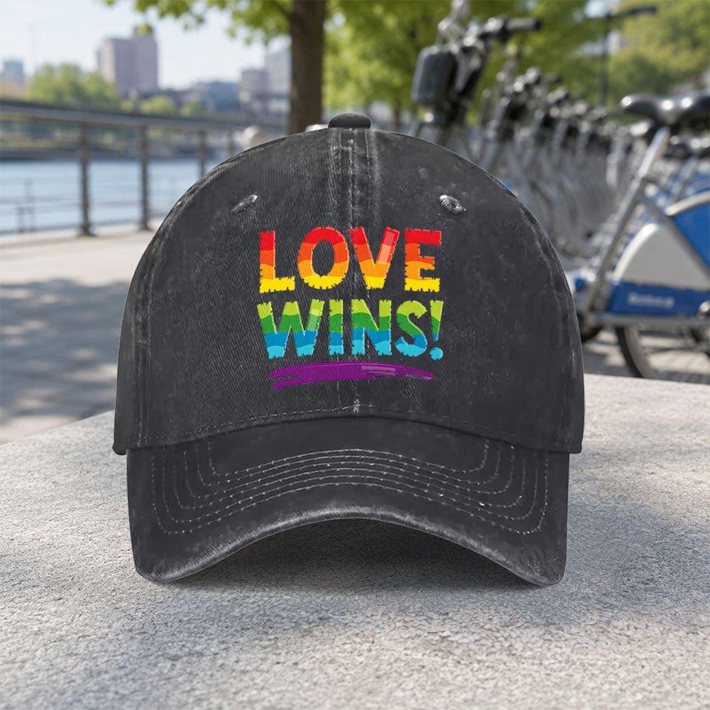 Rainbow Love Wins Unisex Baseball Cap Duckbill Hat With Hook Loop Closure Lightweight Washed Cap
