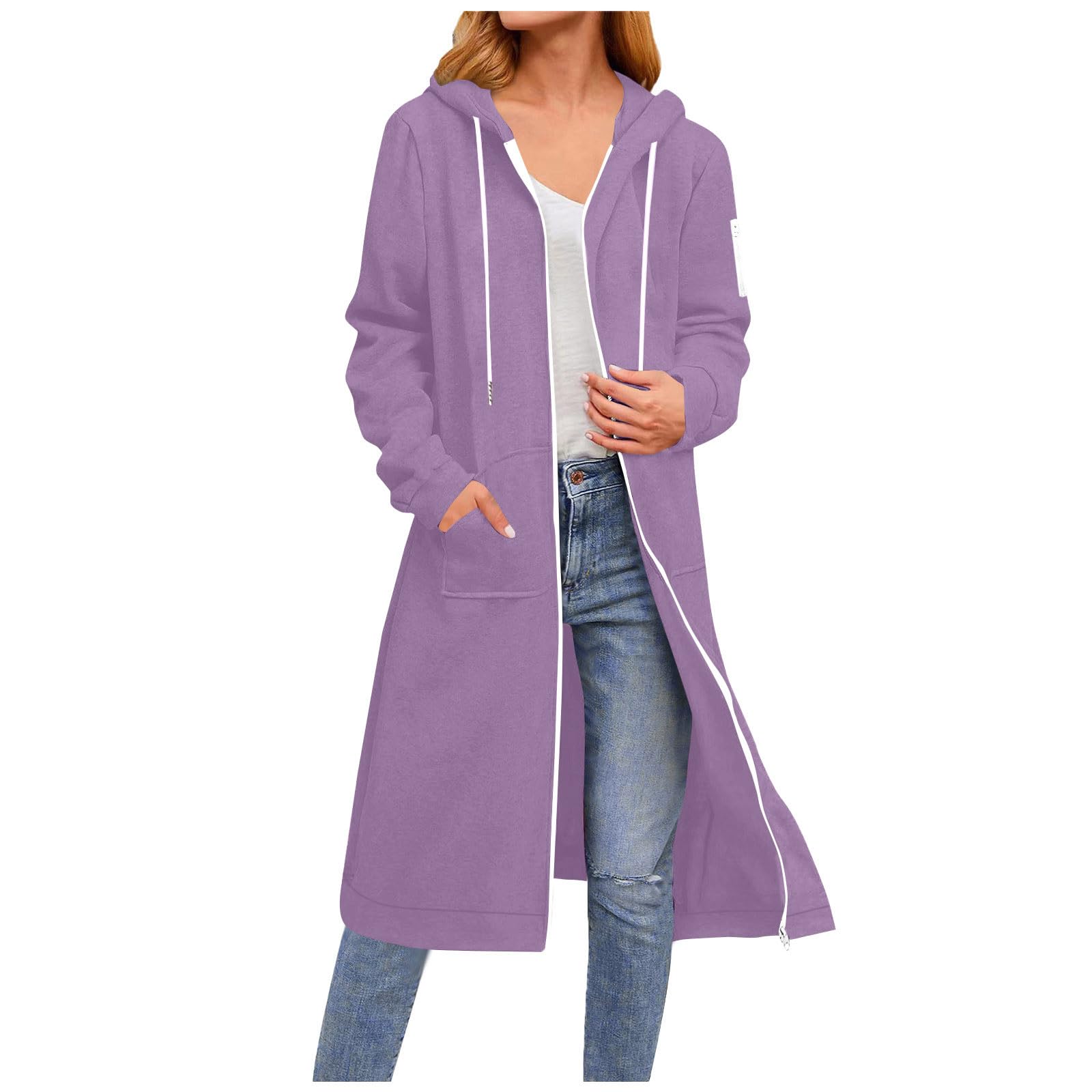 

Women s Fashion Solid Color Long Sleeve Hooded Pocket Zippered Long Sweatshirt Jacket L фіолетовий