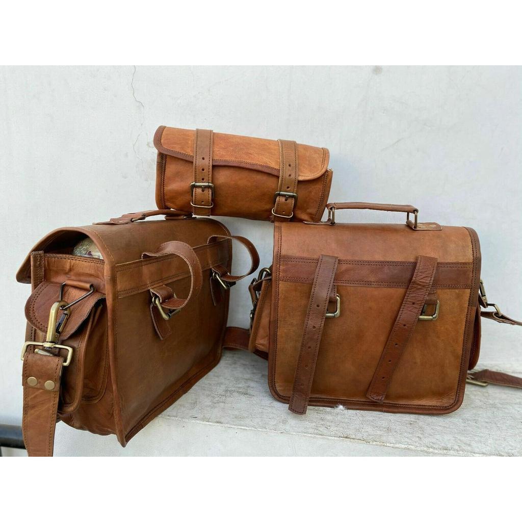 Leather Side Saddle 3 Pair 2 Bags (1 Bga Pouch) Panniers Bag Motorcycle Side Pouch