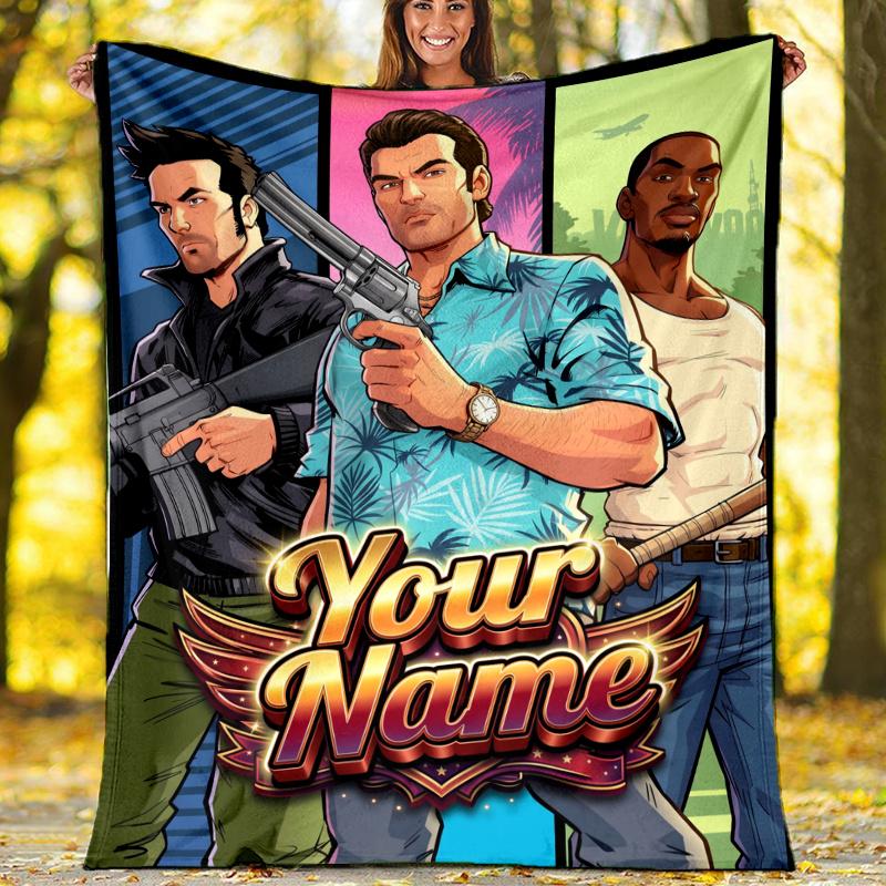 1pc Personalized Name GTA Theme Blanket - Digital Print, Polyester, Cozy for All Seasons, Perfect for Outdoor, and Travel