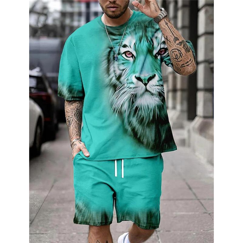 Summer Fashion Casual Men's Suit 3D Printed Sportswear Short-sleeved Suit Oversized Round Neck T-shirt Shorts 2-piece