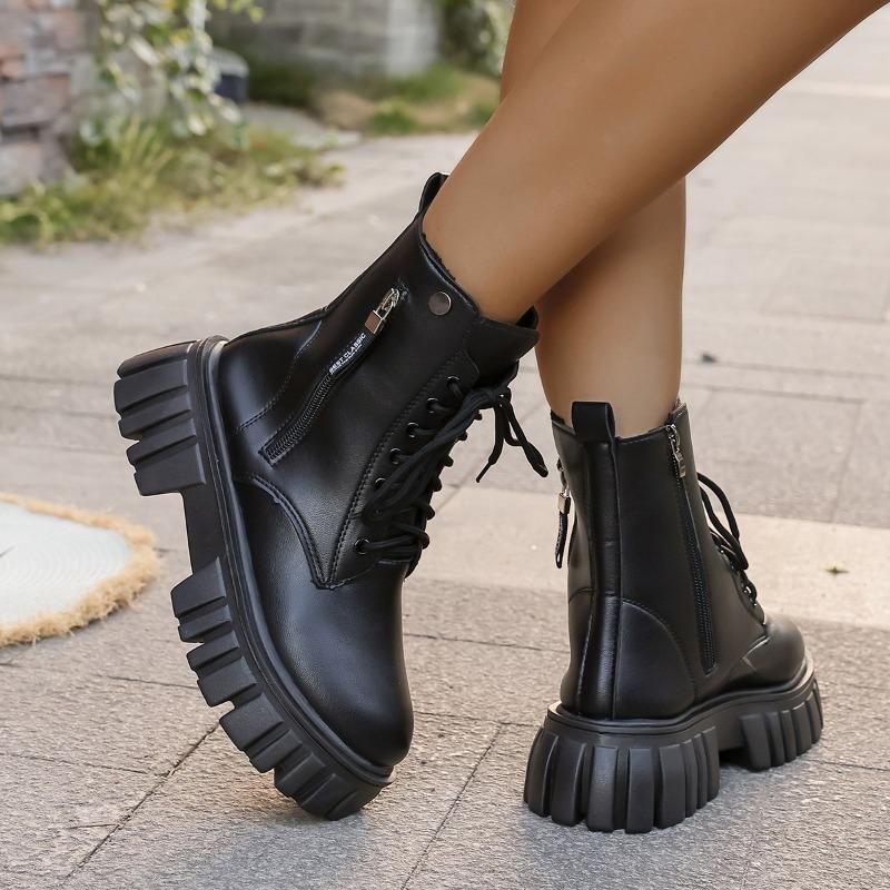 Women's Round Toe Side Zip Front Lace-Up Platform Non-Slip Short Thigh Boots Non-Slip High Heel Boots