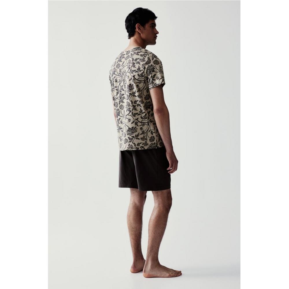 H M Regular FiT pajaMa T sHirT And sHorTs Beige paTTern