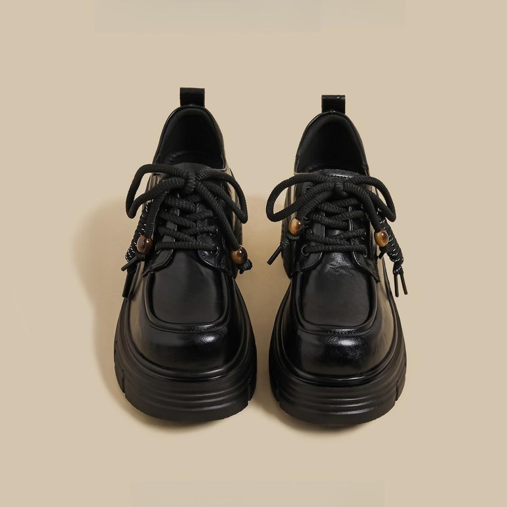 2025 Autumn New Thick High-heeled Loafers Women's Black Platform-soled Lace-up British Style College Jk Retro Small Leather Shoes