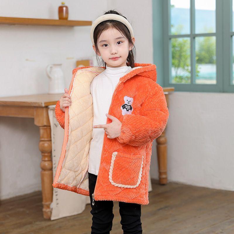 

Куртка средней длины из утолщенного бархата для девочек, теплая, с капюшоном, из хлопка 100 оранжевый