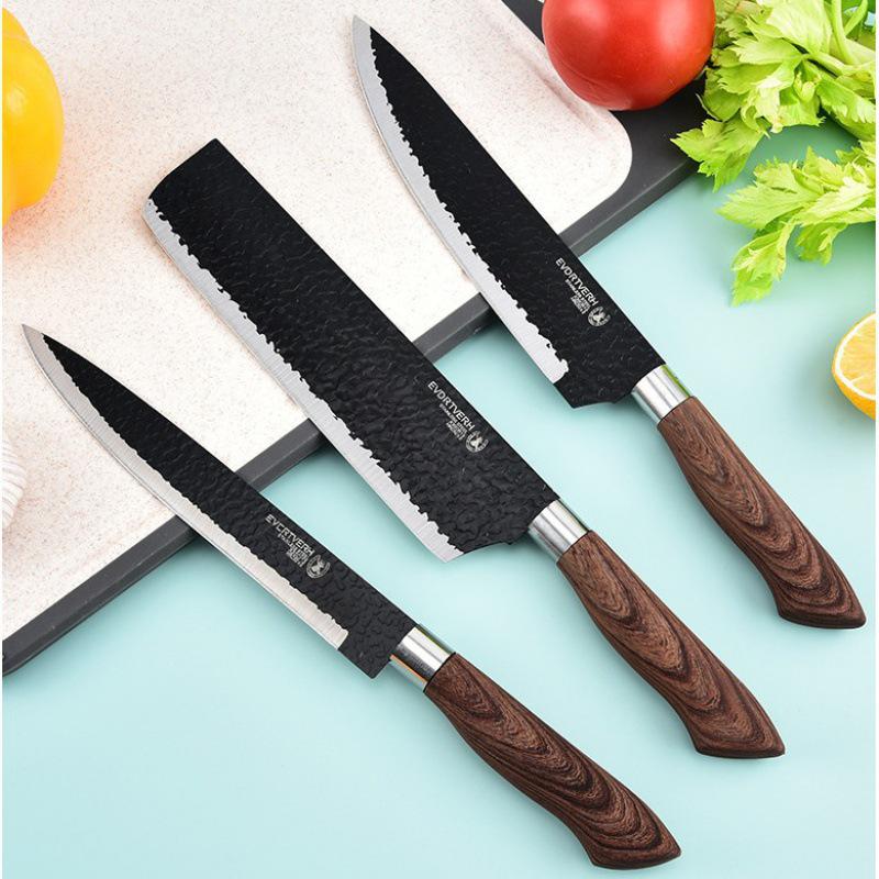 Hammered Stainless Steel Forged Cutlery Set with Sheathed Handles, Six Pieces