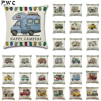 Nowa poszewka na poduszkę z kreskówką Happy Campers do kampera, gorąca poszewka na poduszkę z lnu, dekoracyjna poszewka na poduszkę do salonu, sofy, nowoczesna