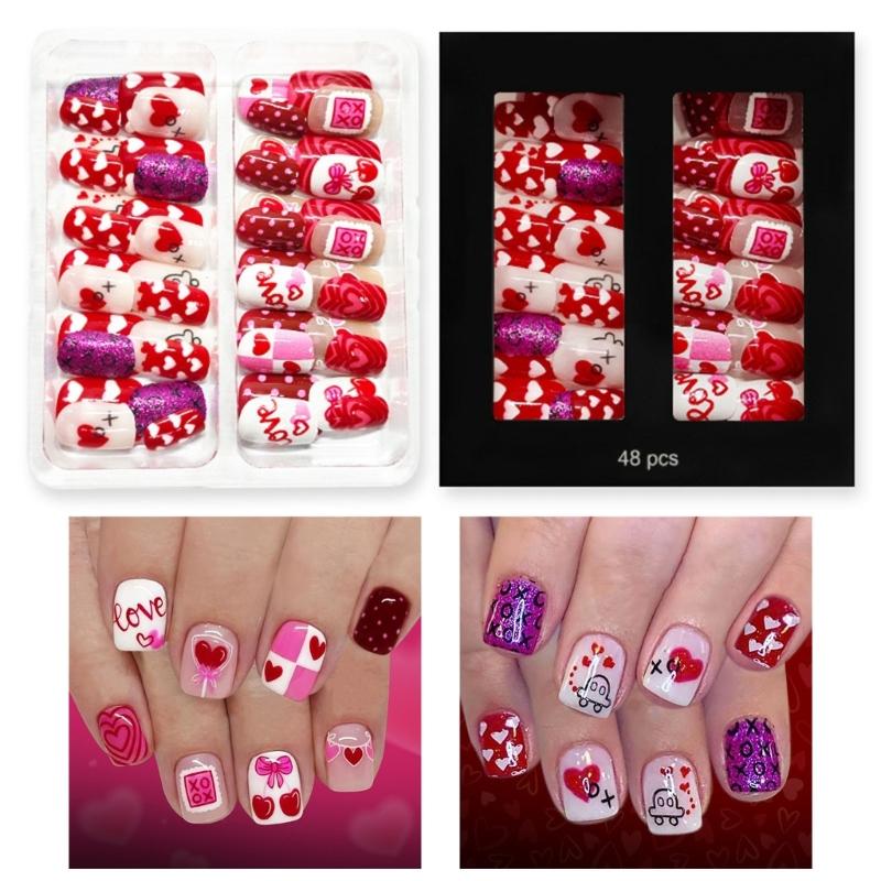 

48Pcs Valentines Inspired Artificial Nail with Pink Love Heart Sparkles Design Sweet Style Quick ABS 1
