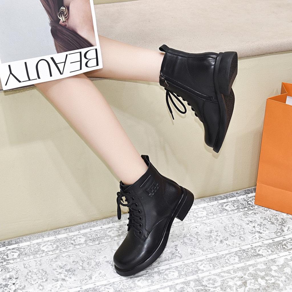 Flat-bottomed Martin Boots Women's Boots  New First-layer Cowhide Lace-up Short Boots Comfortable Warm Cotton Boots Women's Leather Boots