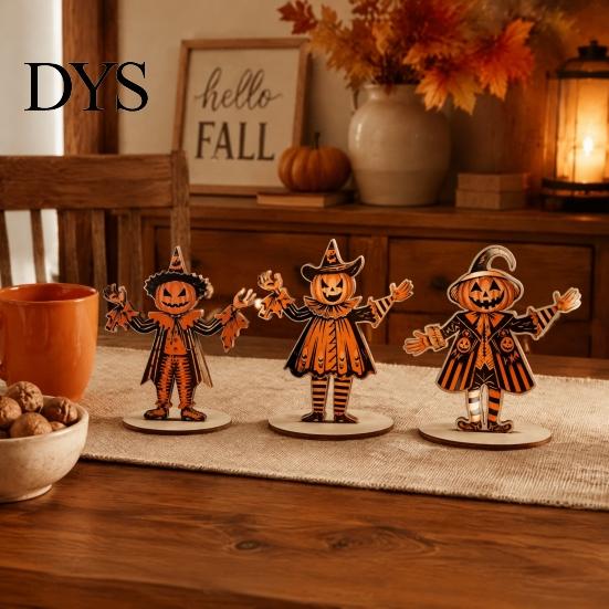 Vintage Halloween Party Supplies 3Pcs Wooden Pumpkin Scarecrow Ornaments, Table Centerpiece, Handcrafted Autumn Favors Desktop Decoration for