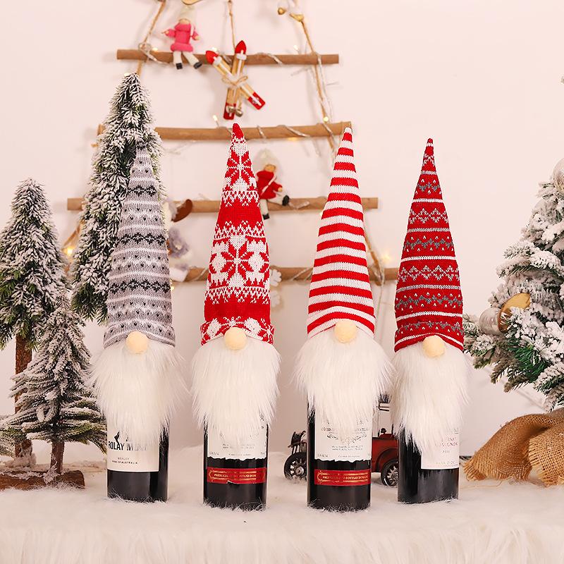 Bottle Charming Wine Cap Knitted Wine Bottle Cover With Faceless Santa Claus Grey And White Wine Design Cap