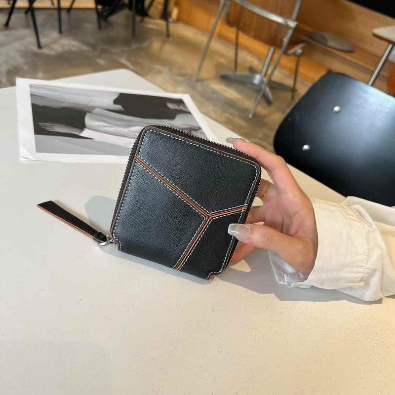 2025 New Genuine Leather Wallet Women's Handbag Wallet Short Style Simple Color Contrasting Geometric Splicing Single Zipper Women's Money