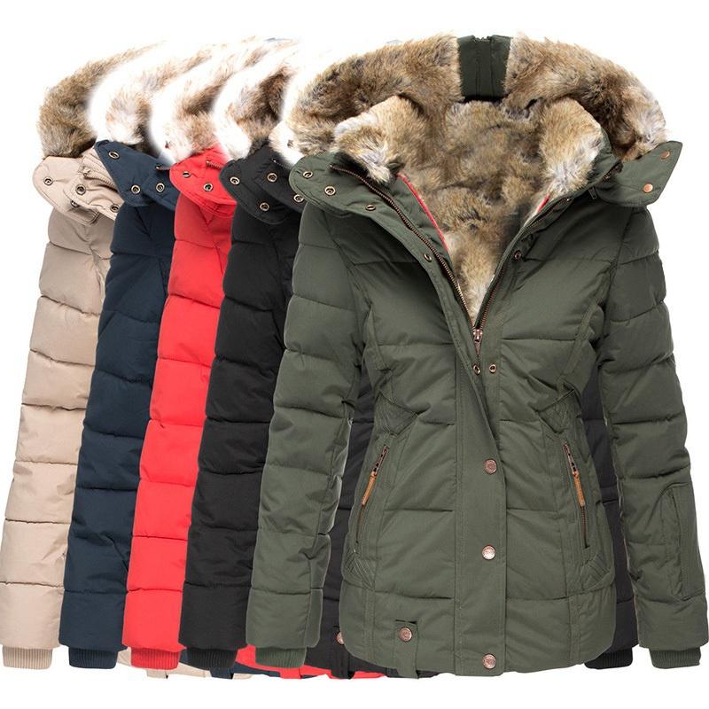 Women Fashion Long Sleeve Fur Collar Thick Warm Hooded Coat Cardigan Plus Size Ladies Streetwear Zipper Padded Jacket Outdoor Winter Coat Outwear