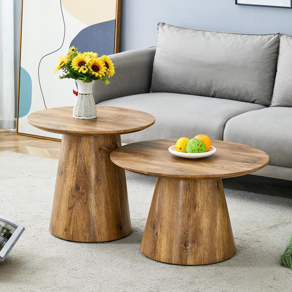 Coffee Table Set in Natural Wood Look (MDF) - 2 Round Stool Side Tables, High 50x48 cm + Low 60x35 cm, Suitable for Living Room / Lounge Area.
