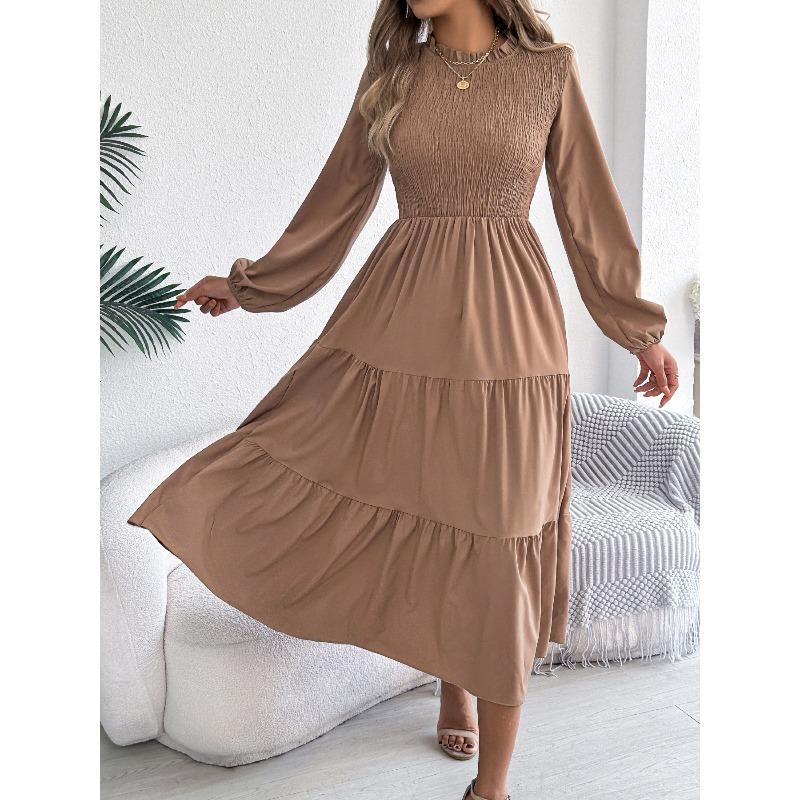 Spring and Summer Solid-color Long-sleeved Blouse-Skirt with Slim Fit and Wide Hem Women's Dress
