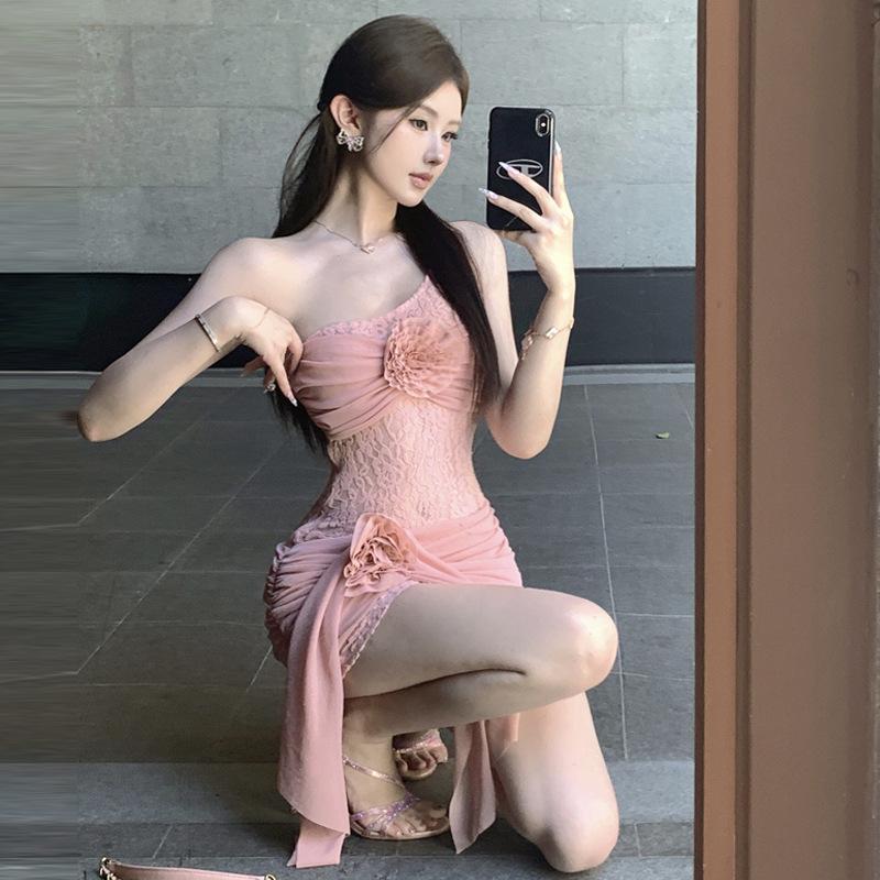 2025 Fashion New Women's Wear Spice Girl Slash Shoulder Lace Mesh Splicing Slim Dress