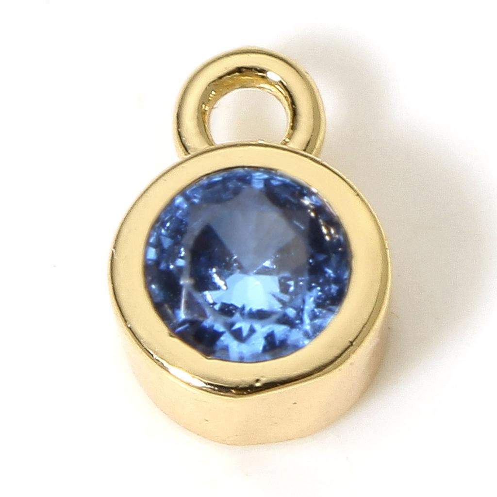 2PCs Classic Brass Birthstone Charms For Necklace DIY 18K Real Gold Plated Round Multicolour Cubic Zirconia Pendant 8mm x 5.5mm