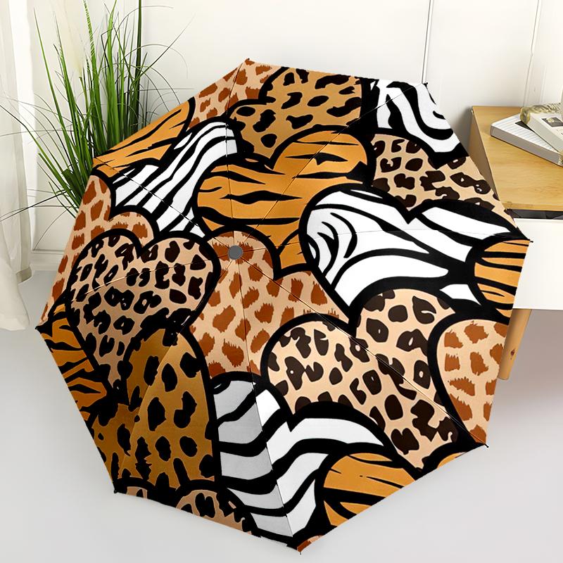 1pc Colorful Leopard Print Pattern Umbrella Portable Folding Umbrella Iron Frame Hole Bone Structure Outdoor Home Umbrella