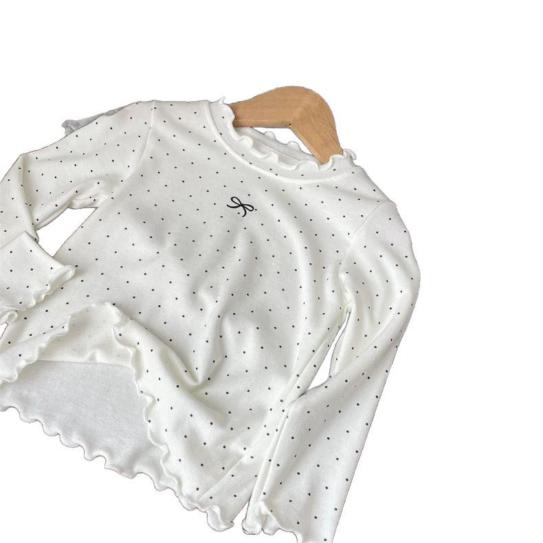 Children's Polka Dot Ruffle Collar Long-Sleeve T-shirt with Bowknot