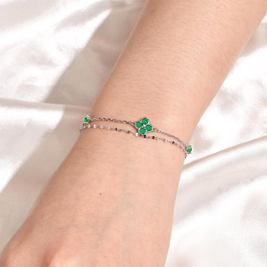 FH.bird Emerald Bracelet for Women, May Birthstone, Four-Leaf Clover Design, Sterling Silver 925, Hypoallergenic, Double Strand, Simple, Birthday Gift