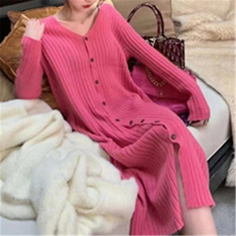 

Свободный повседневный прямой кардиган, свитер-подкладка, длинный V-образный вырез, модный осенне-зимний, с вязаным платьем и пальто One size розы красного