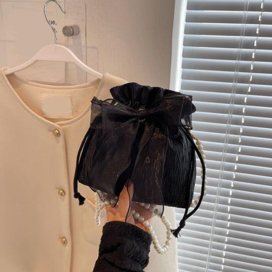 Women Single Shoulder Bag with Detachable Faux Pearl Chain Large Capacity Drawstring Handbag Purse Tulle Bowknot Crossbody Pouch