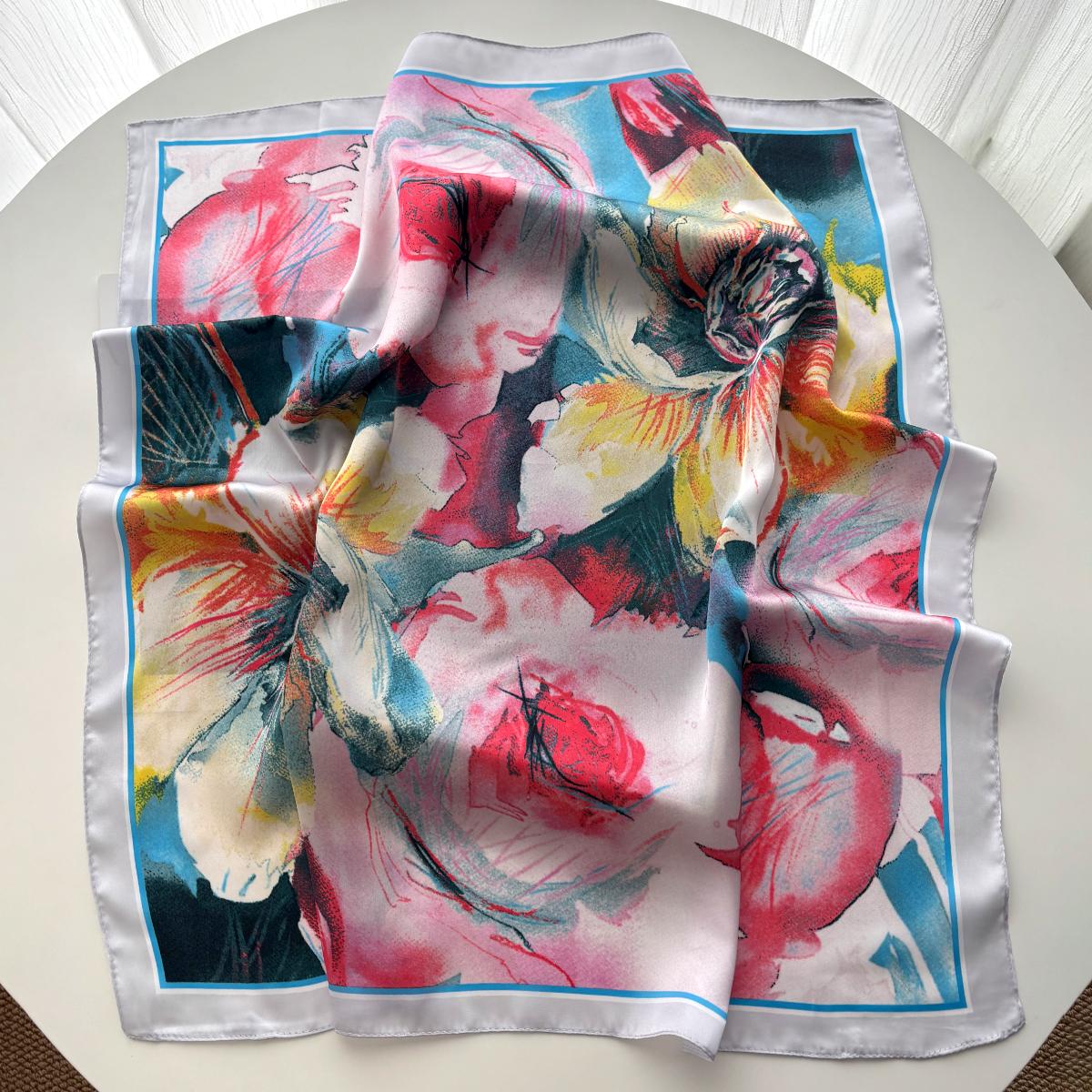 

Imitation Silk Scarves Floral Printed Square Scarf Bandanas For Women Luxury Hijab Neckerchief Elegant Shawl Beach Wraps
