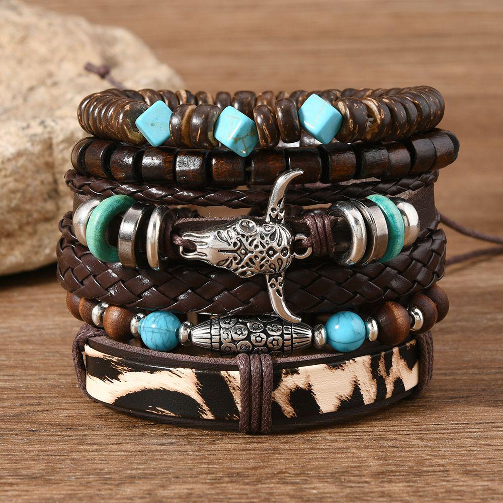 Retro European & American Men's Bracelet Set: Heart, Sunflower, Feather, Multi-Layer Design, 6-Piece