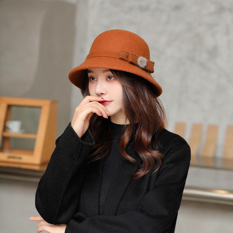 Wool Korean Basin Hat with Japanese Style Ball Decoration - Warm Autumn/Winter Hat for Women