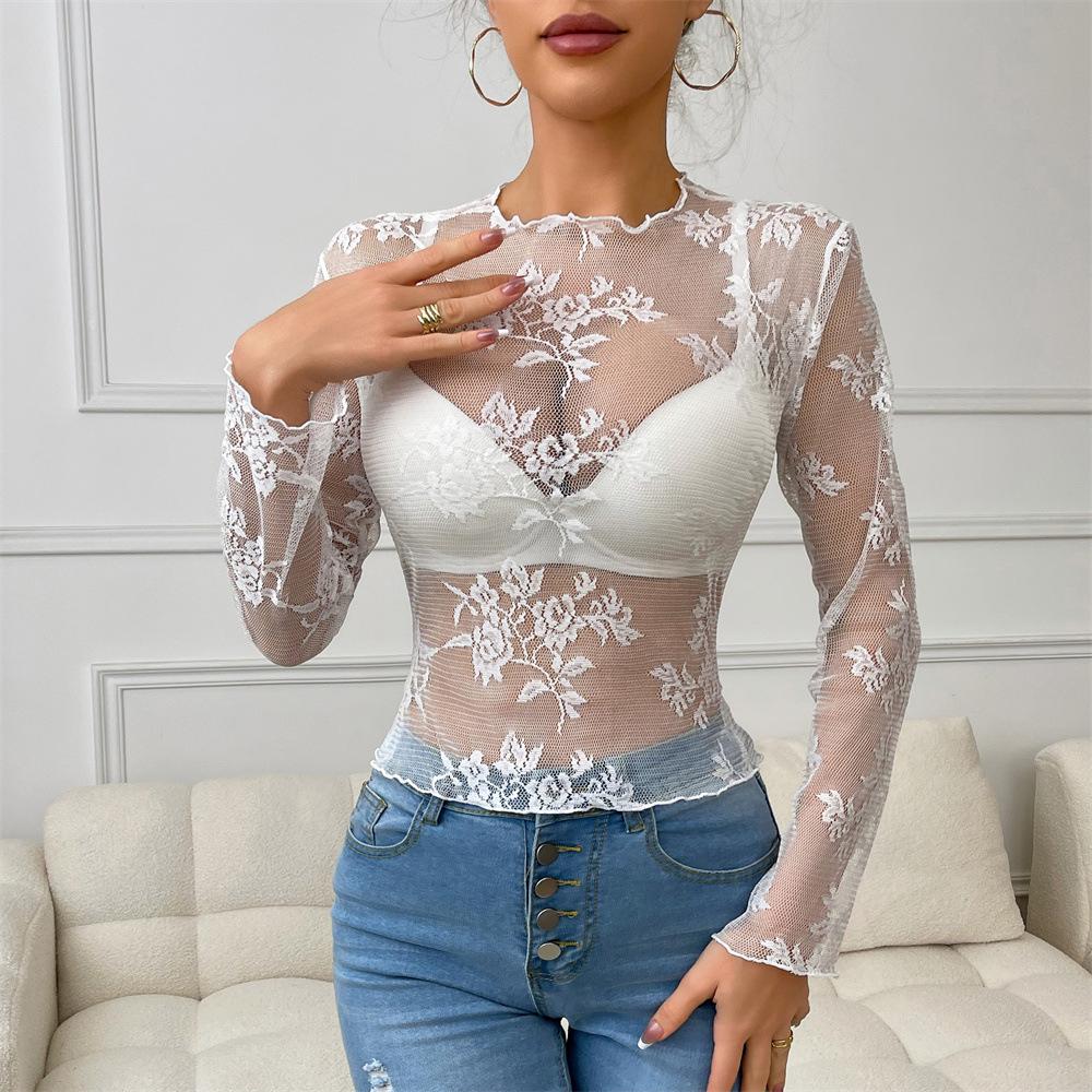 2025 Floral Embroidered See-Through Long Sleeve Lingerie Top