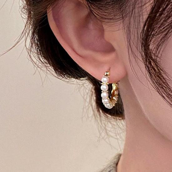1 Pair Women Hoop Earrings, Snap-On Ear Loop Design Earrings, Imitation Pearl Full Circle Earrings, Large Round Drop Earrings Gift Jewelry