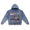 DTG Print Knitted Denim Zip-Up Hoodie Tokyo Turbo Brother Print Zipper Hoodies  