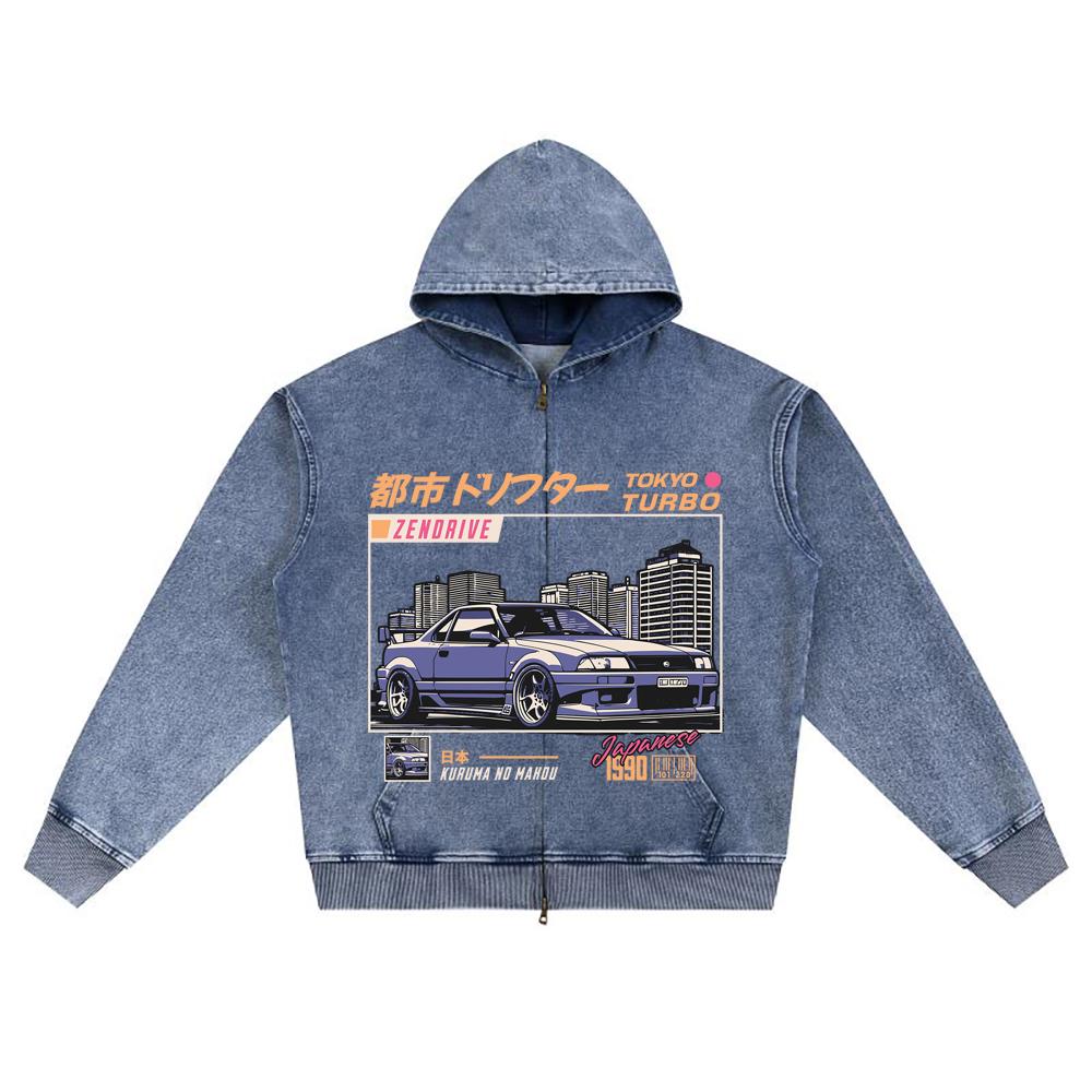 DTG Print Knitted Denim Zip-Up Hoodie Tokyo Turbo Brother Print Zipper Hoodies  