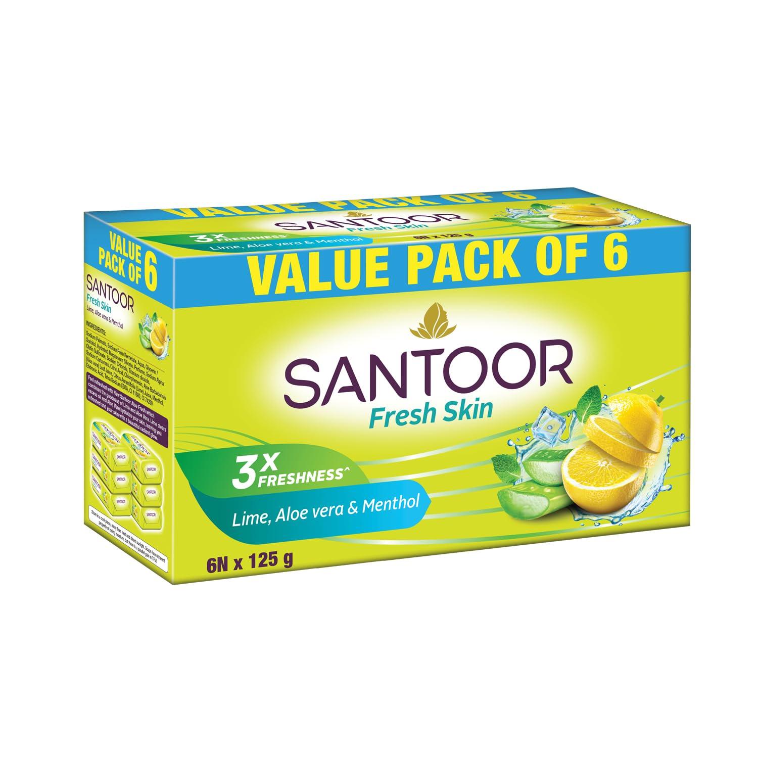 

Мыло для ванны Santoor Fresh Skin с алоэ вера и лаймом, обладающее питательными и антивозрастными свойствами| Для гладкой, мягкой и более молодой кожи| Для всех типов кожи